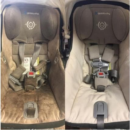 Before and after of a deep-cleaned UPPAbaby car seat — left side dirty, right side restored